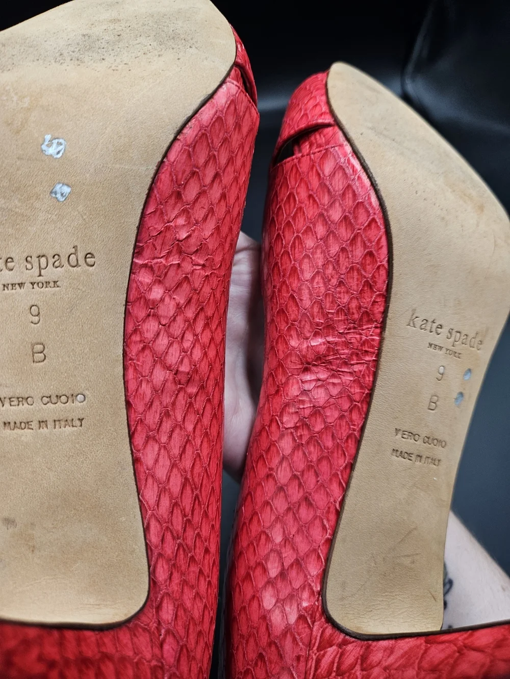 Kate Spade New York Red Snakeskin Embossed Peep Toe Heels Size 9B Made in Italy